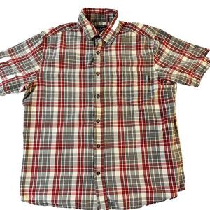 Woolrich Large Flannel Button Up Shirt Red Grey ‎ Pocket Long Sleeve